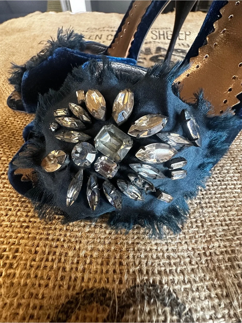 BCBGMaxAzria Royal Blue Velvet Jeweled Peep-Toe Heels